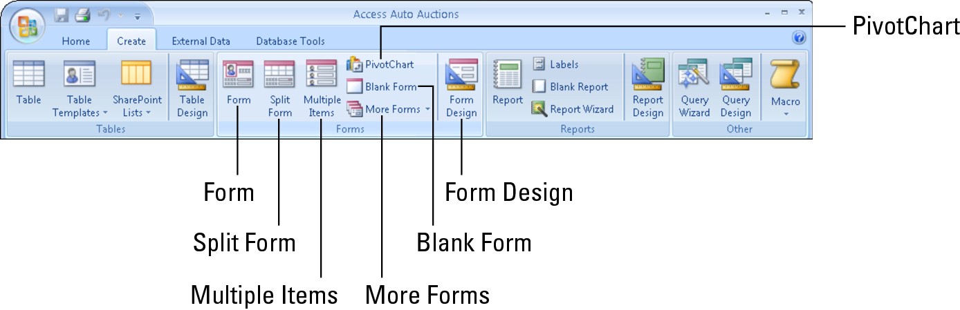 The ribbon’s Create tab. Use the Form group to add new forms to your database.